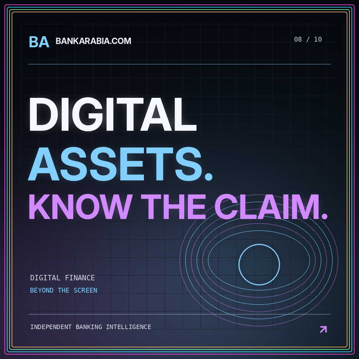 BankArabia.com neon typography card: DIGITAL ASSETS. KNOW THE CLAIM.