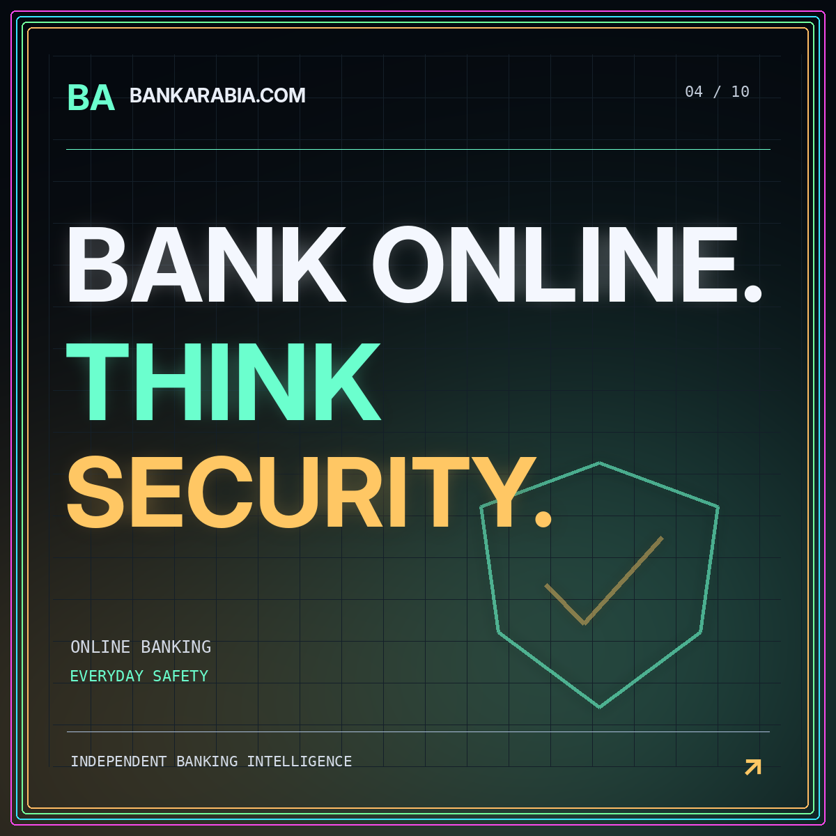 BankArabia.com neon typography card: BANK ONLINE. THINK SECURITY.