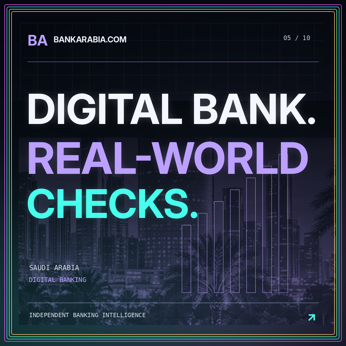 BankArabia.com neon typography card: DIGITAL BANK. REAL-WORLD CHECKS.