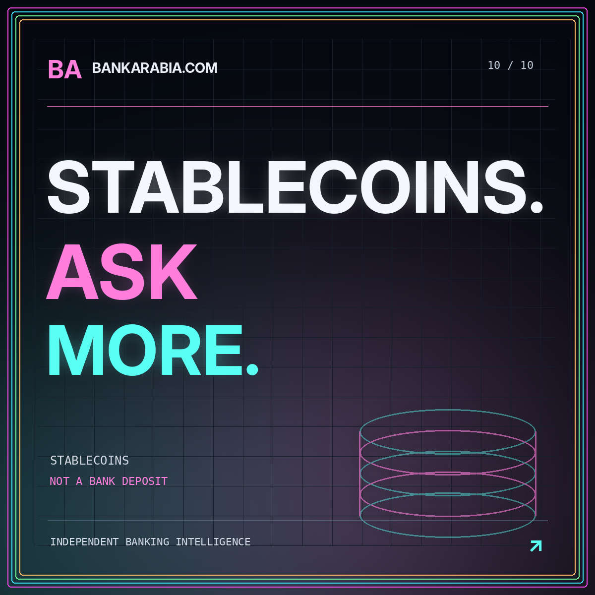BankArabia.com neon typography card: STABLECOINS. ASK MORE.