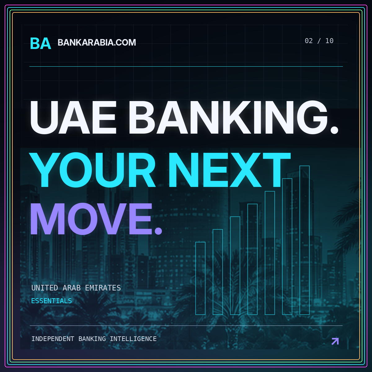 BankArabia.com neon typography card: UAE BANKING. YOUR NEXT MOVE.