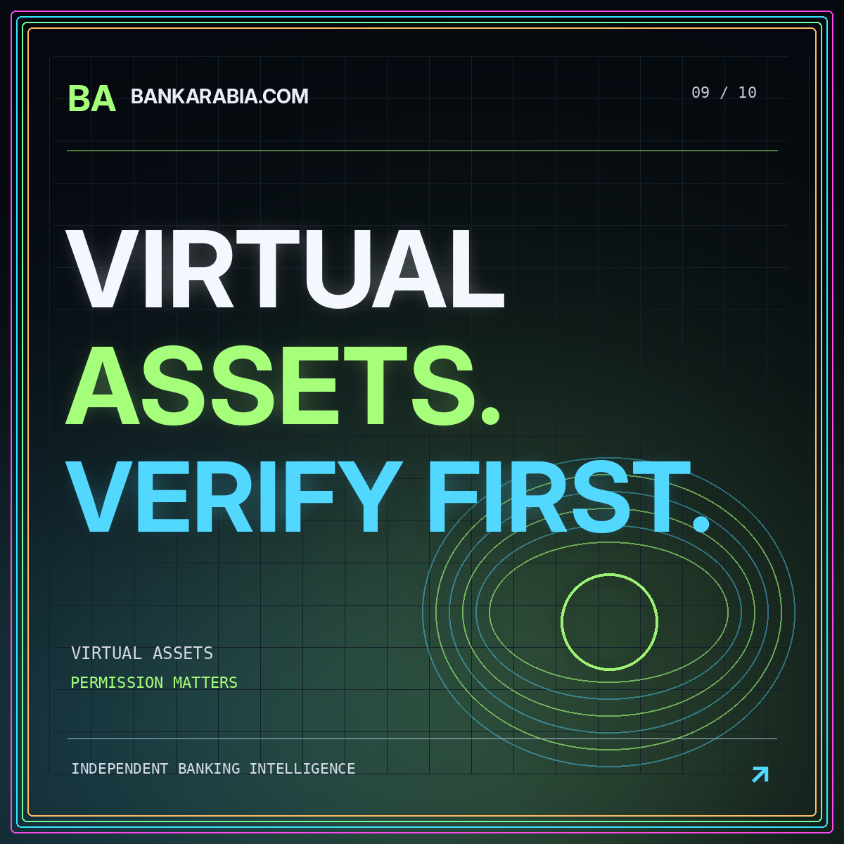 BankArabia.com neon typography card: VIRTUAL ASSETS. VERIFY FIRST.